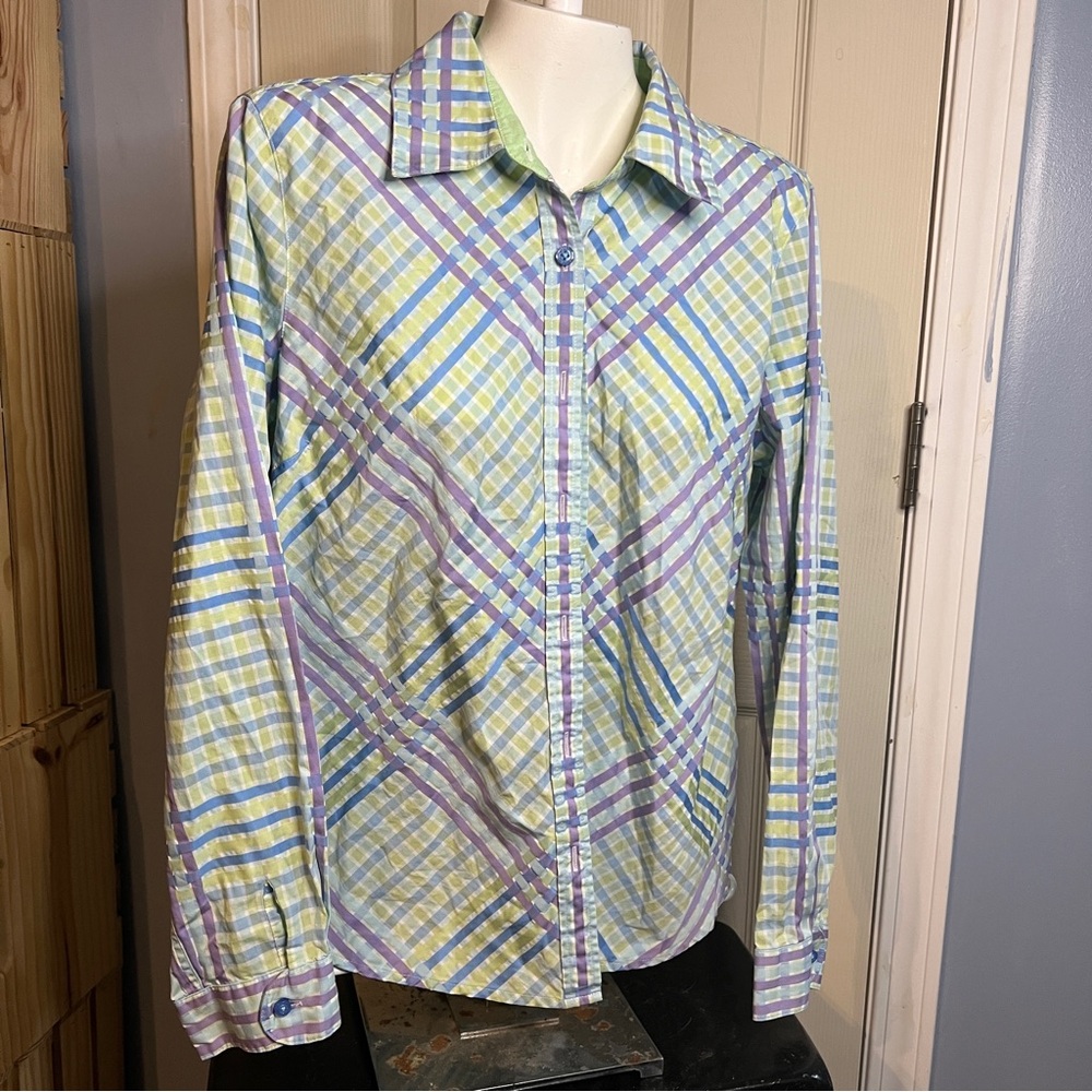 Vintage 90s Tommy Hilfiger Womens Sz L Rainbow Plaid Cotton Button Shirt